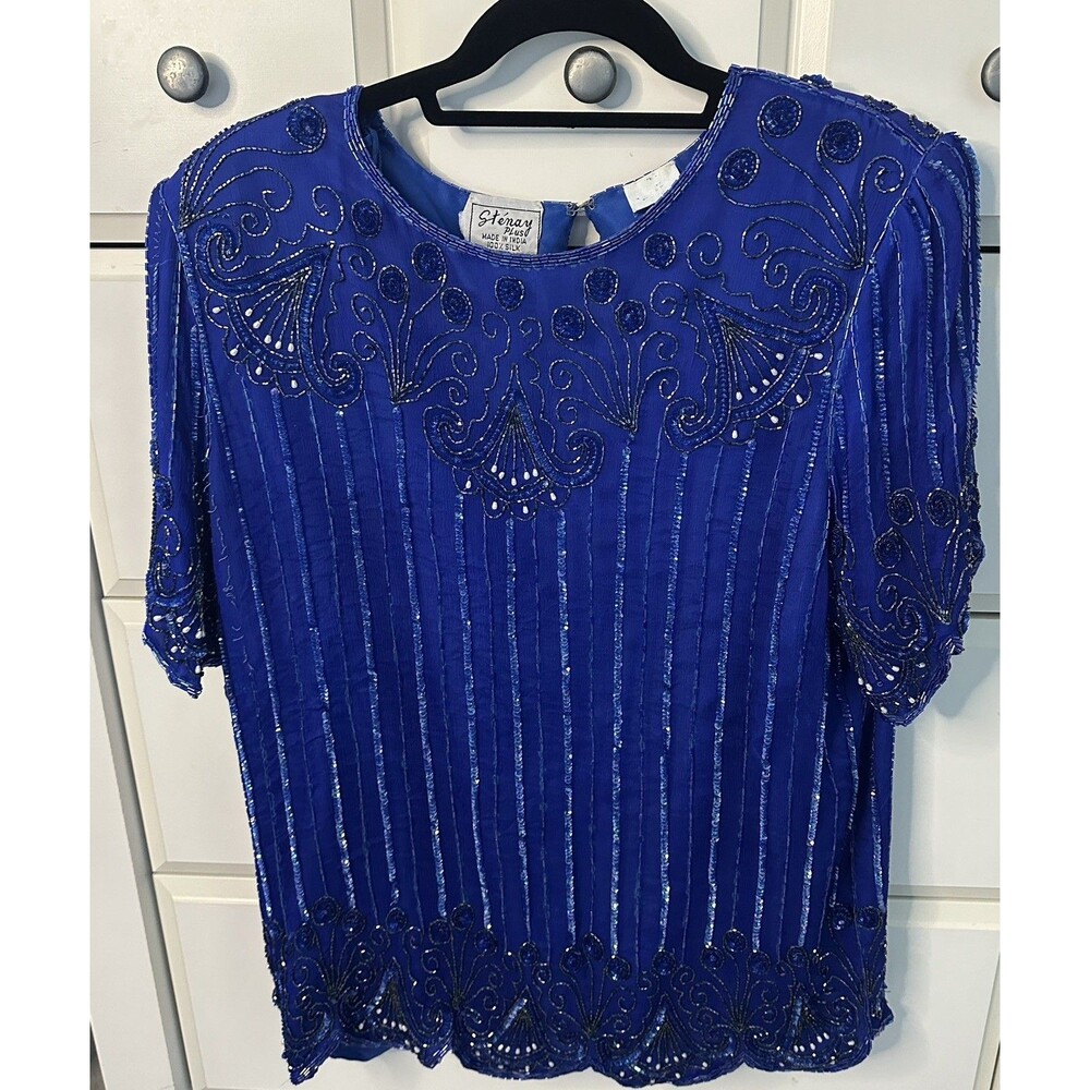 Vintage Stenay Plus Silk Beaded Blouse Royal Blue Sequin Cocktail Top India 1X